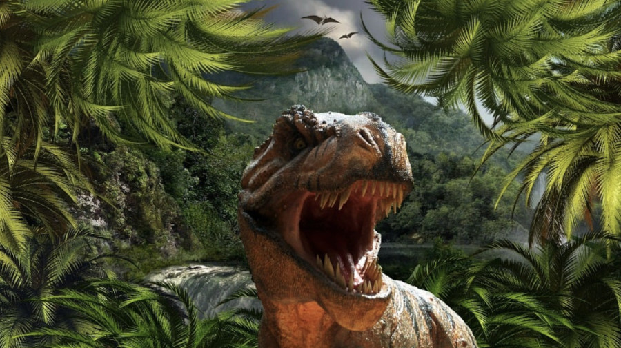 Ein brüllender Tyrannosaurus Rex vor einer waldartigen Kulisse